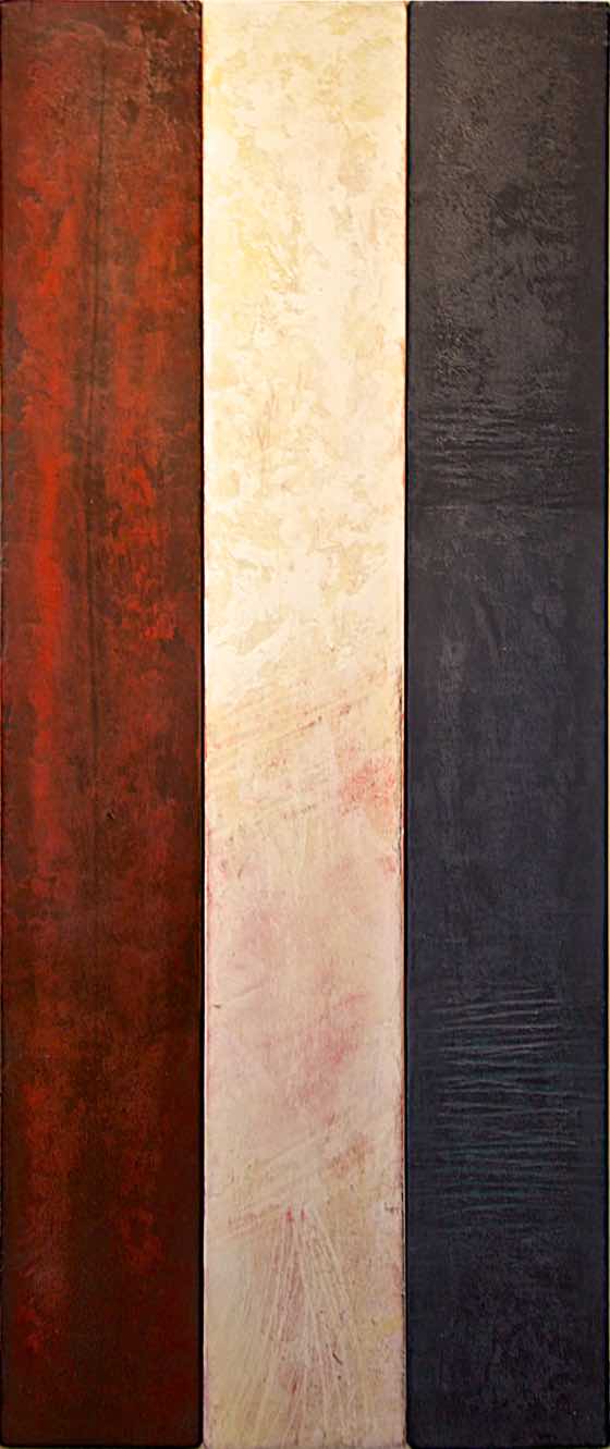 acrylic, plaster on wood panel, 15 in. x 37 in. (38 cm x 94 cm)